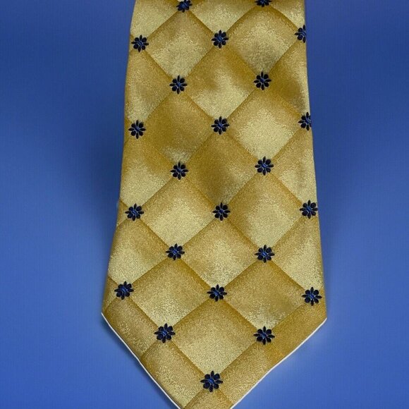 Vintage Ascot Silk Necktie Tie Yellow Blue Floral Textured Quilted Look Luxury - Picture 1 of 7